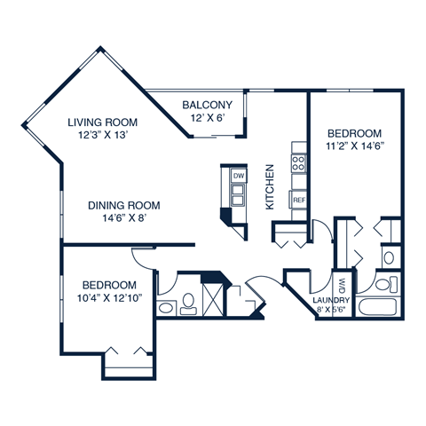 Floor plan for 2 beds, 2 baths, 1305 sqft